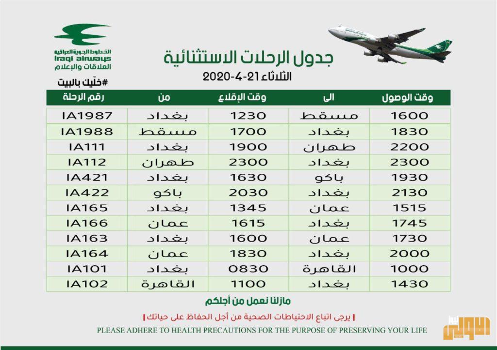 وزارة النقل تعلن جدول رحلات الخطوط الجوية العراقية الاستثنائية ليوم غداً 4 7CB23609 514D 419E B7DF 78685094D62C