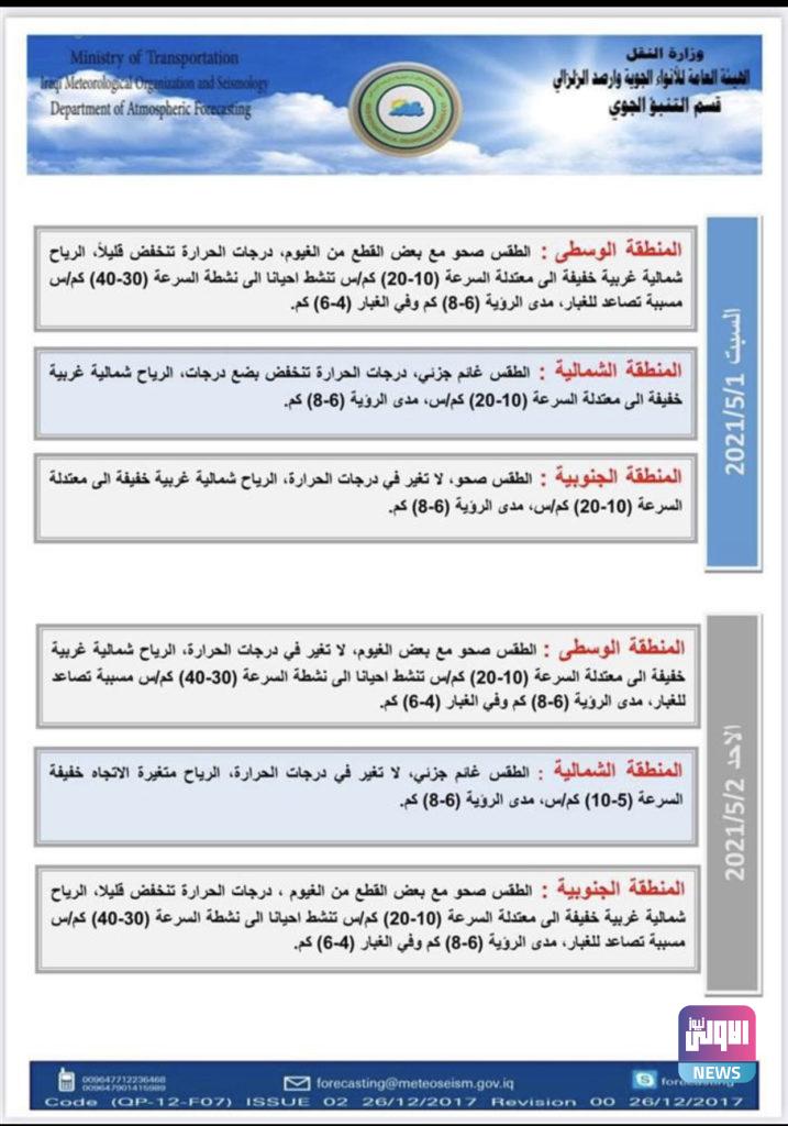 طقس العراق.. غيوم ودرجات الحرارة تنخفض دون الـ 40 في عموم المحافظات 11 E5E7B92B 4658 4E3E A728 F6D09AAD3364