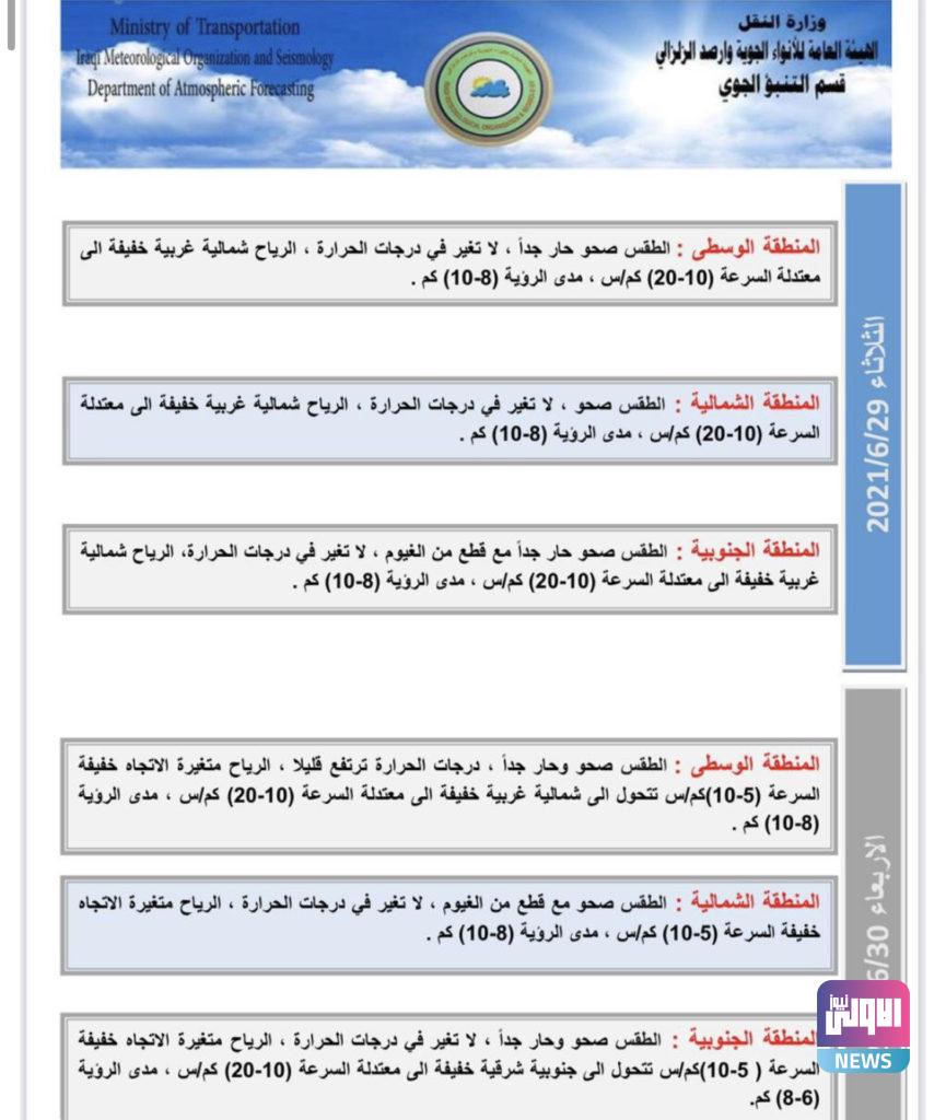 الأنواء الجوية: أربع محافظات تسجل نصف درجة الغليان غداً 10 1D6B53DF B411 4CBB A582 2EA2F44CC531