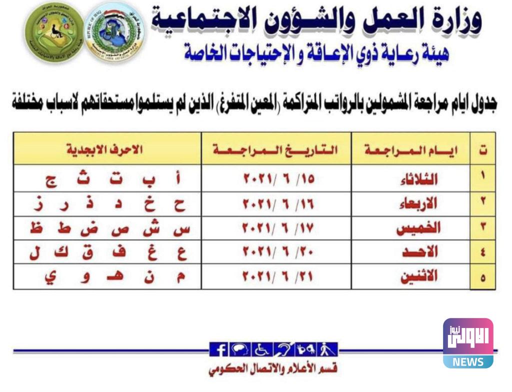 العمل تنشر جدول أيام مراجعة المشمولين بالرواتب المتراكمة الذين لم يستلموا مستحقاتهم 4 731E0963 27A6 4CE4 A18F B926605C9E86