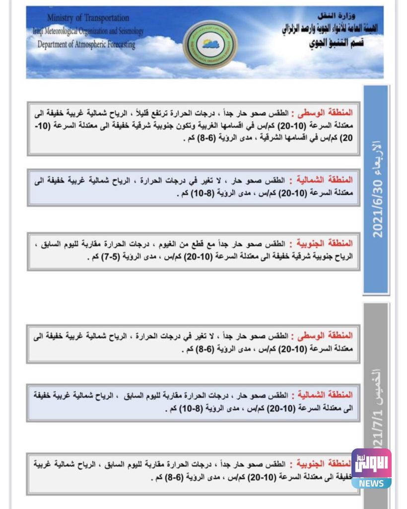 الأنواء الجوية: عشر محافظات بينها بغداد تسجل غداً نصف درجة الغليان 10 D04068F9 EFAC 486A A51B 33FC573B8BE8