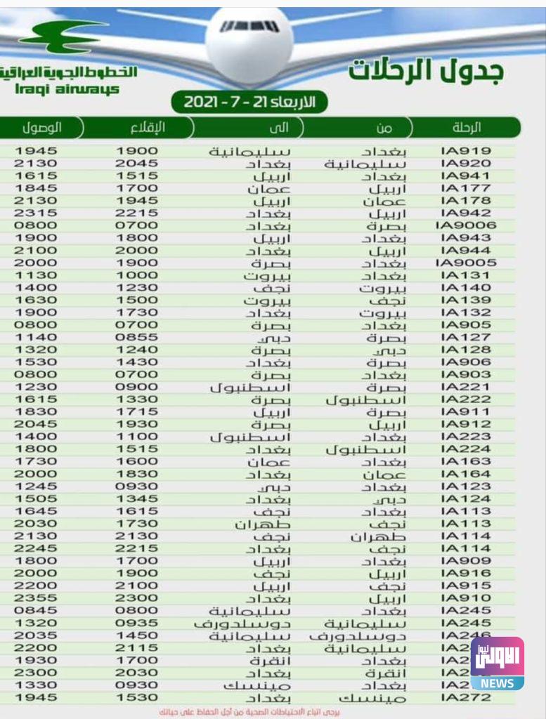 جدول رحلات الخطوط الجوية العراقية ليوم غد 4 Screenshot 20210720 133800